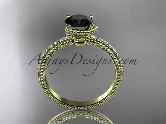 14kt yellow gold diamond unique engagement ring, wedding ring with Black Diamond center stone ADER86 - AnjaysDesigns