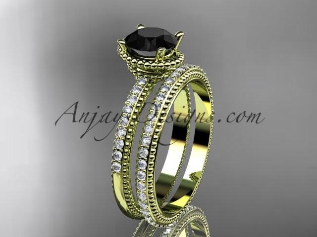 14kt yellow gold diamond unique engagement set, wedding ring with Black Diamond center stone ADER86S - AnjaysDesigns