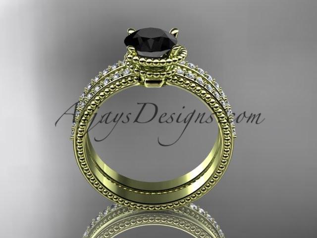 14kt yellow gold diamond unique engagement set, wedding ring with Black Diamond center stone ADER86S - AnjaysDesigns
