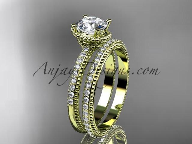14kt yellow gold diamond unique engagement set, wedding ring with "Forever One" Moissanite center stone ADER86S - AnjaysDesigns