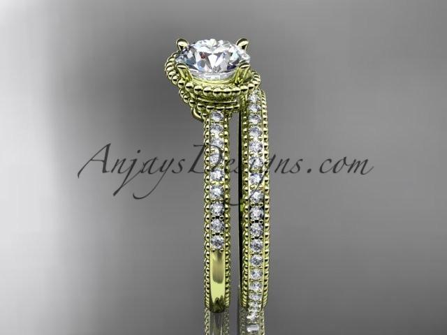 14kt yellow gold diamond unique engagement set, wedding ring with "Forever One" Moissanite center stone ADER86S - AnjaysDesigns