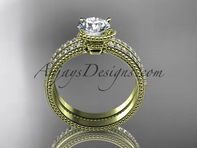 14kt yellow gold diamond unique engagement set, wedding ring with "Forever One" Moissanite center stone ADER86S - AnjaysDesigns