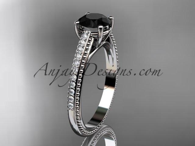 platinum diamond unique engagement ring, wedding ring with Black Diamond center stone ADER87 - AnjaysDesigns