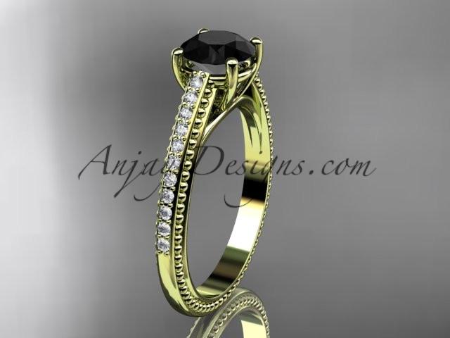 14kt yellow gold diamond unique engagement ring, wedding ring with Black Diamond center stone ADER87 - AnjaysDesigns