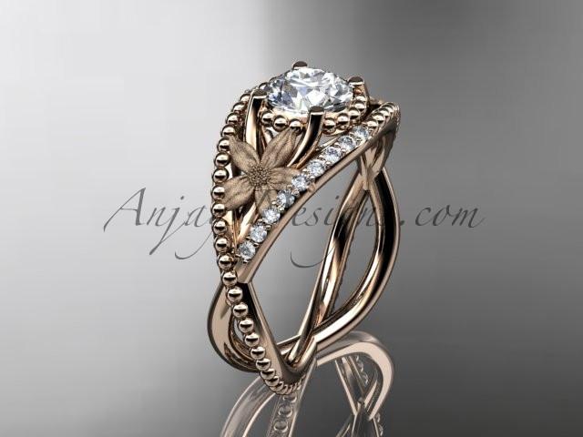 14kt rose gold diamond floral wedding ring, engagement ring with "Forever One" Moissanite center stone ADLR88 - AnjaysDesigns