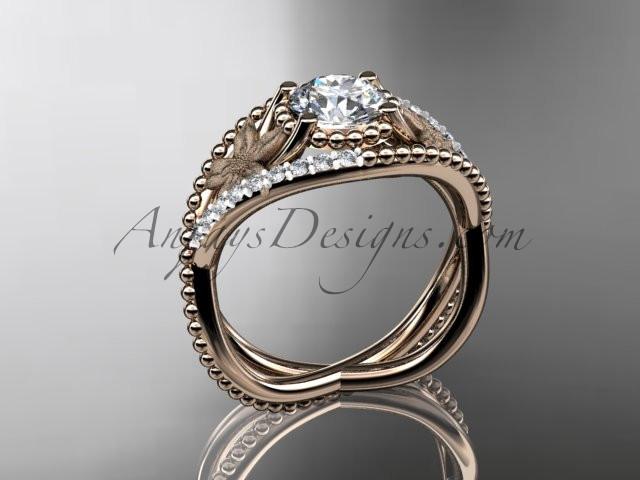 14kt rose gold diamond floral wedding ring, engagement ring with "Forever One" Moissanite center stone ADLR88 - AnjaysDesigns