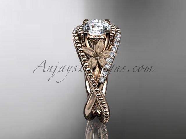 14kt rose gold diamond floral wedding ring, engagement ring with "Forever One" Moissanite center stone ADLR88 - AnjaysDesigns