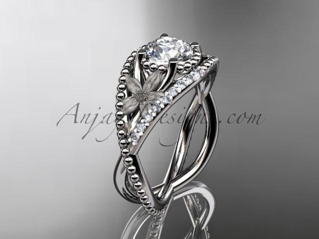 14kt white gold diamond floral wedding ring, engagement ring with "Forever One" Moissanite center stone ADLR88 - AnjaysDesigns
