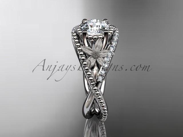 Platinum diamond floral wedding ring, engagement ring with "Forever One" Moissanite center stone ADLR88 - AnjaysDesigns