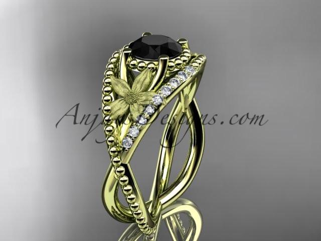 14kt yellow gold diamond floral wedding ring, engagement ring with Black Diamond center stone ADLR88 - AnjaysDesigns