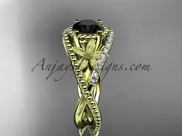 14kt yellow gold diamond floral wedding ring, engagement ring with Black Diamond center stone ADLR88 - AnjaysDesigns