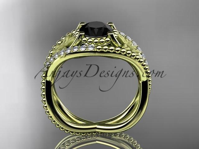 14kt yellow gold diamond floral wedding ring, engagement ring with Black Diamond center stone ADLR88 - AnjaysDesigns