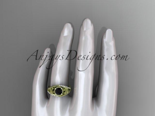 14kt yellow gold diamond floral wedding ring, engagement ring with Black Diamond center stone ADLR88 - AnjaysDesigns