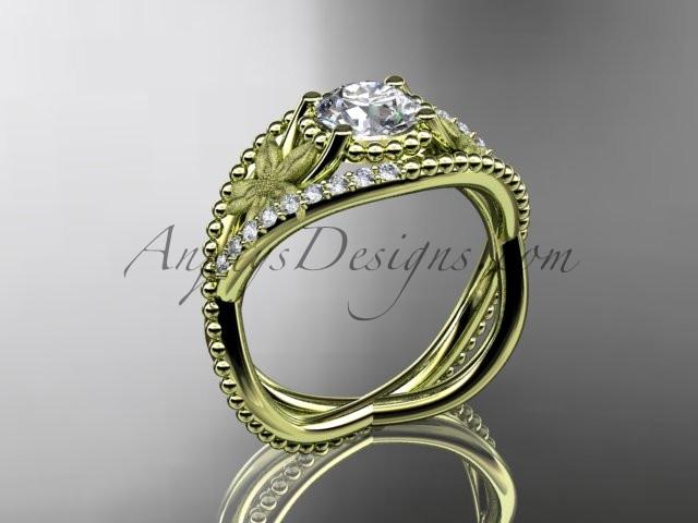 14kt yellow gold diamond floral wedding ring, engagement ring with "Forever One" Moissanite center stone ADLR88 - AnjaysDesigns