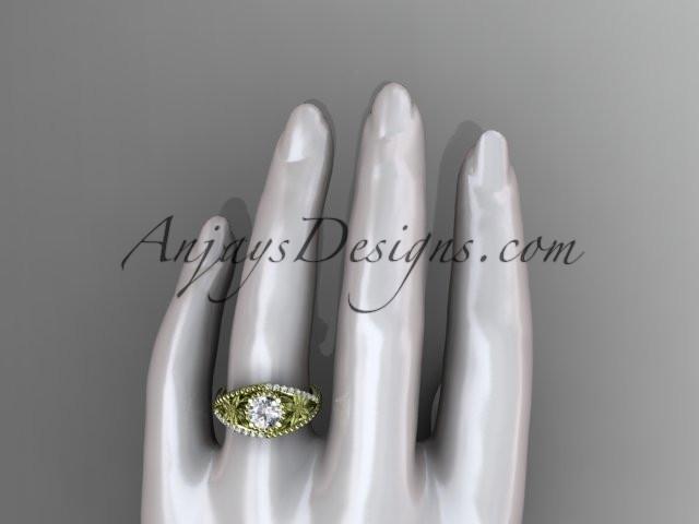 14kt yellow gold diamond floral wedding ring, engagement ring with "Forever One" Moissanite center stone ADLR88 - AnjaysDesigns