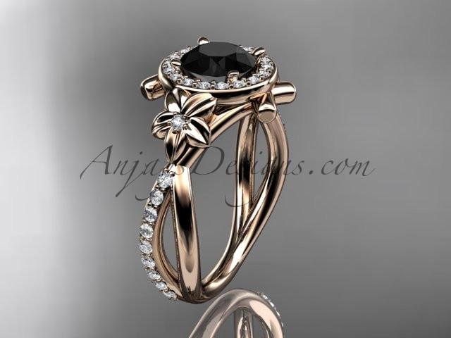 14kt rose gold diamond leaf and vine wedding ring, engagement ring with a  Black Diamond center stone ADLR89 - AnjaysDesigns