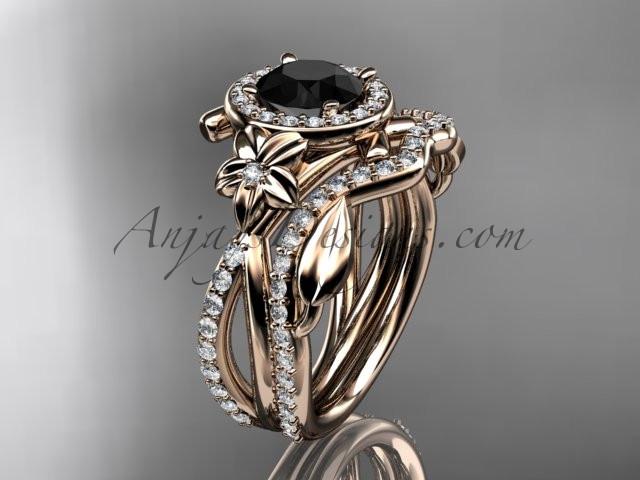 14kt rose gold diamond leaf and vine, flower engagement set, wedding set,  with a Black Diamond center stone ADLR89S - AnjaysDesigns