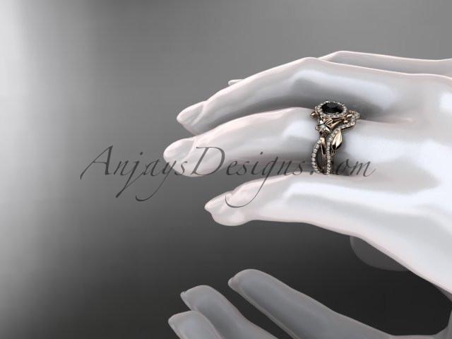 14kt rose gold diamond leaf and vine, flower engagement set, wedding set,  with a Black Diamond center stone ADLR89S - AnjaysDesigns
