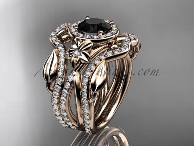 14kt rose gold diamond leaf and vine, flower engagement ring, wedding ring,  with  Black Diamond center stone and double matching band ADLR89S - AnjaysDesigns