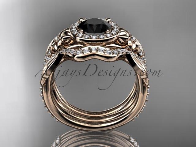 14kt rose gold diamond leaf and vine, flower engagement ring, wedding ring,  with  Black Diamond center stone and double matching band ADLR89S - AnjaysDesigns