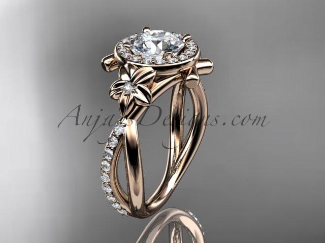 14kt rose gold diamond leaf and vine wedding ring, engagement ring with a "Forever One" Moissanite center stone ADLR89 - AnjaysDesigns