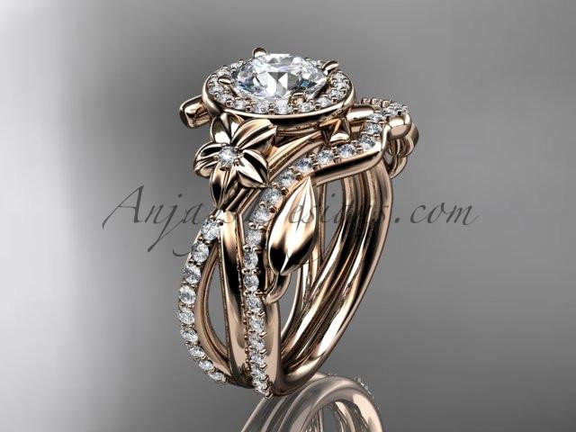 14kt rose gold diamond leaf and vine, flower engagement set, wedding set, with a "Forever One" Moissanite center stone ADLR89S - AnjaysDesigns