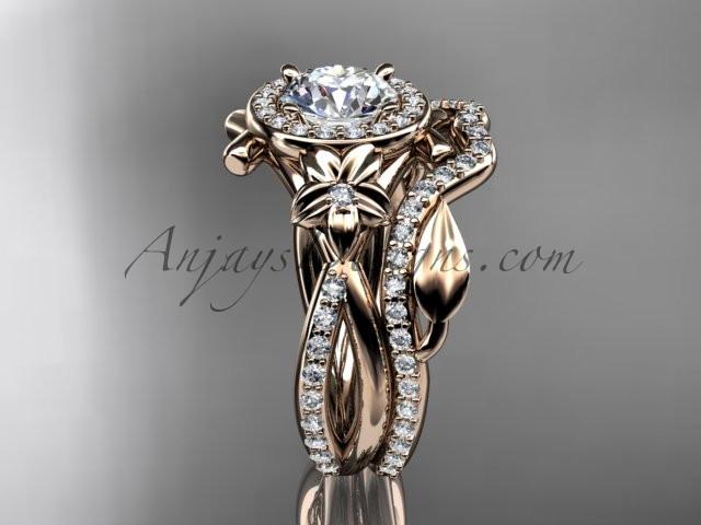 14kt rose gold diamond leaf and vine, flower engagement set, wedding set, with a "Forever One" Moissanite center stone ADLR89S - AnjaysDesigns