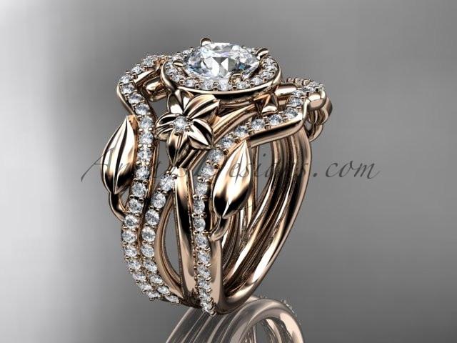 14kt rose gold diamond leaf and vine flower engagement ring wedding