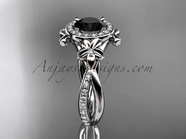 Platinum diamond leaf and vine wedding ring, engagement ring with a  Black Diamond center stone ADLR89 - AnjaysDesigns