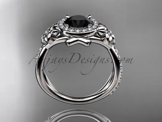 Platinum diamond leaf and vine wedding ring, engagement ring with a  Black Diamond center stone ADLR89 - AnjaysDesigns