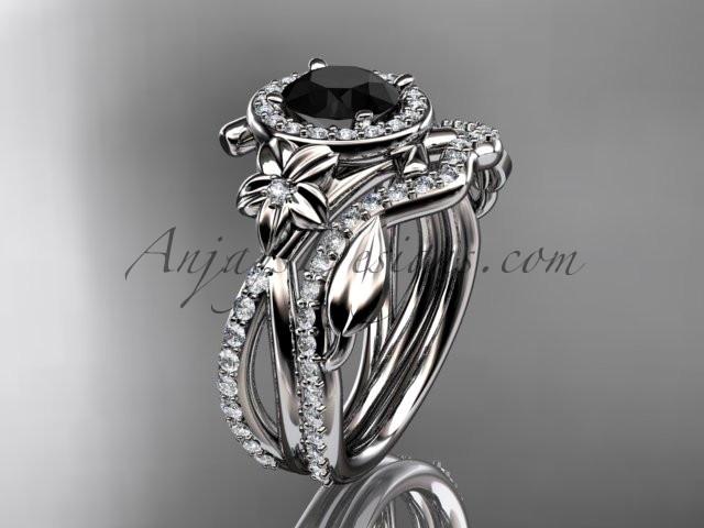 Platinum leaf and vine, flower engagement set, wedding set,  with a Black Diamond center stone ADLR89S - AnjaysDesigns