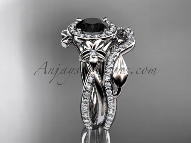 14kt white gold diamond leaf and vine, flower engagement set, wedding set,  with a Black Diamond center stone ADLR89S - AnjaysDesigns