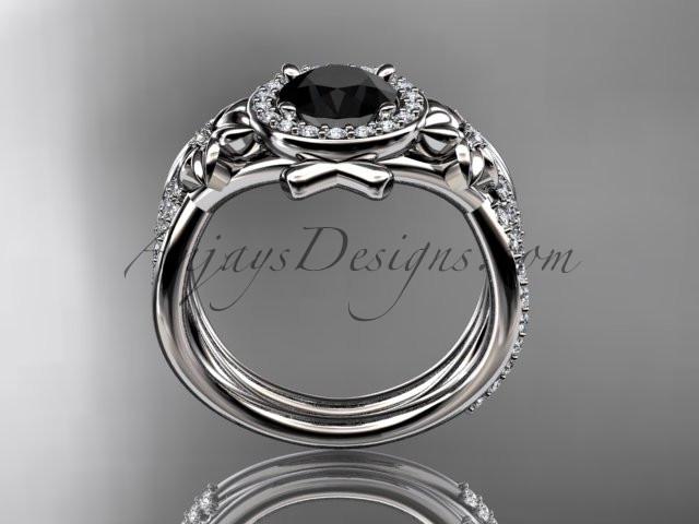 14kt white gold diamond leaf and vine, flower engagement set, wedding set,  with a Black Diamond center stone ADLR89S - AnjaysDesigns