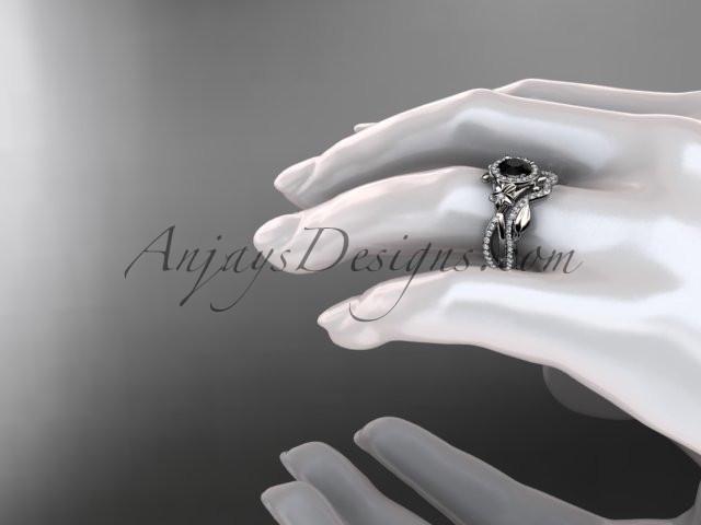 14kt white gold diamond leaf and vine, flower engagement set, wedding set,  with a Black Diamond center stone ADLR89S - AnjaysDesigns