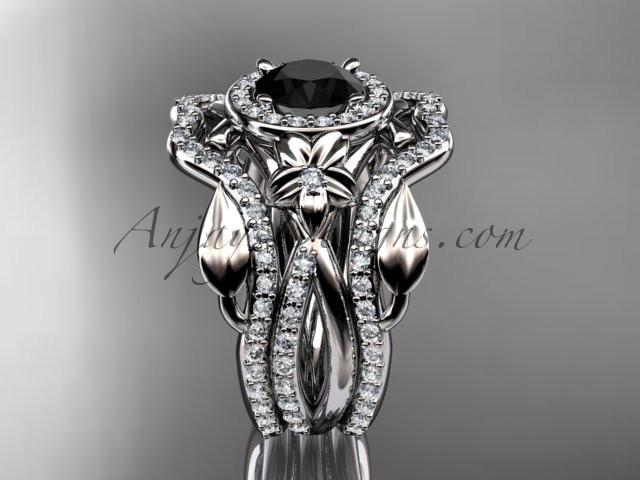 14kt white gold diamond leaf and vine, flower engagement ring, wedding ring,  with  Black Diamond center stone and double matching band ADLR89S - AnjaysDesigns