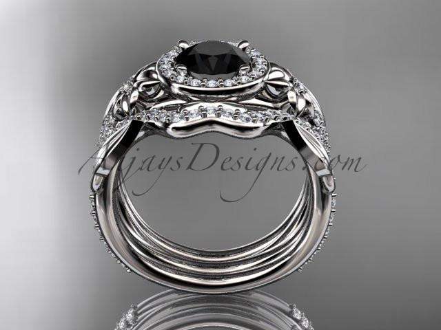 Platinum diamond leaf and vine, flower engagement ring, wedding ring,  with  Black Diamond center stone and double matching band ADLR89S - AnjaysDesigns