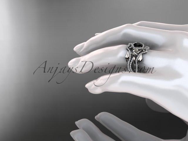Platinum diamond leaf and vine, flower engagement ring, wedding ring,  with  Black Diamond center stone and double matching band ADLR89S - AnjaysDesigns