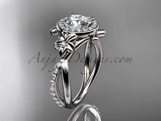 14kt white gold diamond leaf and vine wedding ring, engagement ring with a "Forever One" Moissanite center stone ADLR89 - AnjaysDesigns
