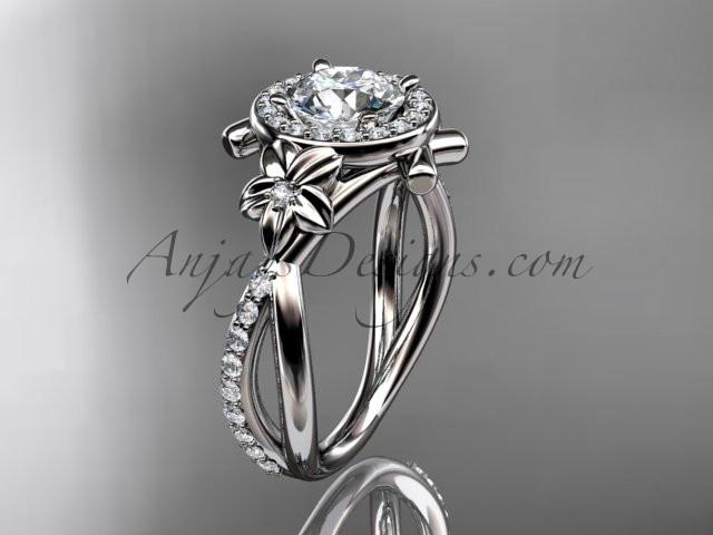 Platinum diamond leaf and vine wedding ring, engagement ring with a "Forever One" Moissanite center stone ADLR89 - AnjaysDesigns