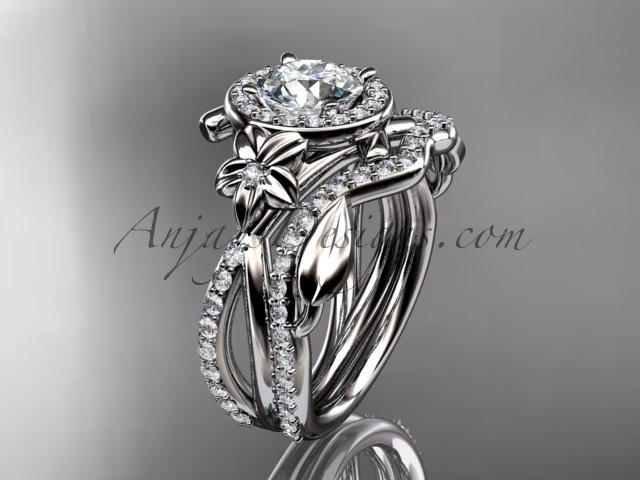 Platinum diamond leaf and vine, flower engagement set, wedding set, ADLR89S - AnjaysDesigns