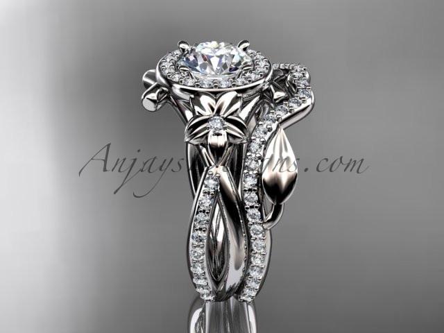 Platinum diamond leaf and vine, flower engagement set, wedding set, with a "Forever One" Moissanite center stone ADLR89S - AnjaysDesigns