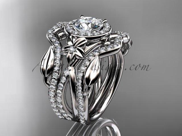 Platinum diamond leaf and vine, flower engagement ring, wedding ring,  with double matching band  ADLR89S - AnjaysDesigns