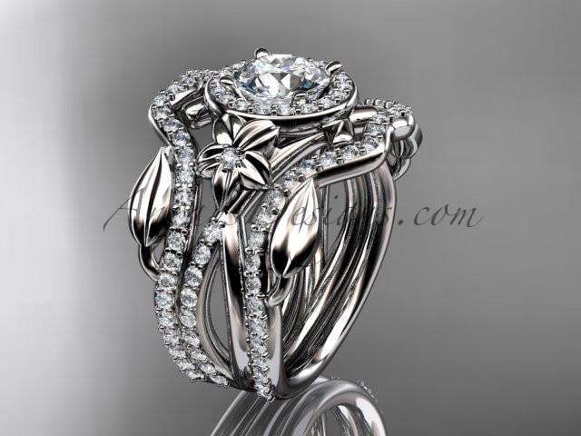 Platinum diamond leaf and vine, flower engagement ring, wedding ring, with "Forever One" Moissanite center stone and double matching band ADLR89S - AnjaysDesigns