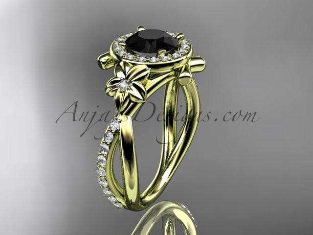14kt yellow gold diamond leaf and vine wedding ring, engagement ring with a  Black Diamond center stone ADLR89 - AnjaysDesigns