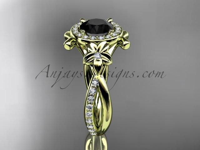 14kt yellow gold diamond leaf and vine wedding ring, engagement ring with a  Black Diamond center stone ADLR89 - AnjaysDesigns