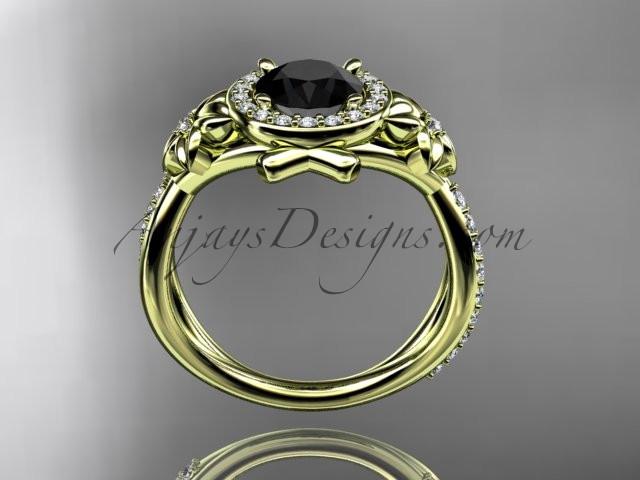 14kt yellow gold diamond leaf and vine wedding ring, engagement ring with a  Black Diamond center stone ADLR89 - AnjaysDesigns