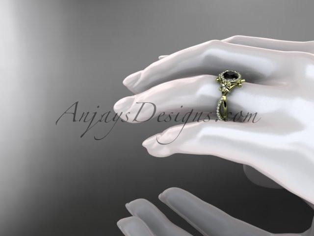 14kt yellow gold diamond leaf and vine wedding ring, engagement ring with a  Black Diamond center stone ADLR89 - AnjaysDesigns