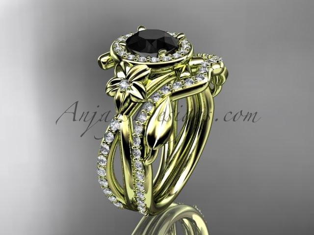 14kt yellow gold diamond leaf and vine, flower engagement set, wedding set,  with a Black Diamond center stone ADLR89S - AnjaysDesigns