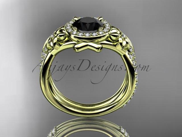 14kt yellow gold diamond leaf and vine, flower engagement set, wedding set,  with a Black Diamond center stone ADLR89S - AnjaysDesigns