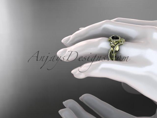 14kt yellow gold diamond leaf and vine, flower engagement set, wedding set,  with a Black Diamond center stone ADLR89S - AnjaysDesigns